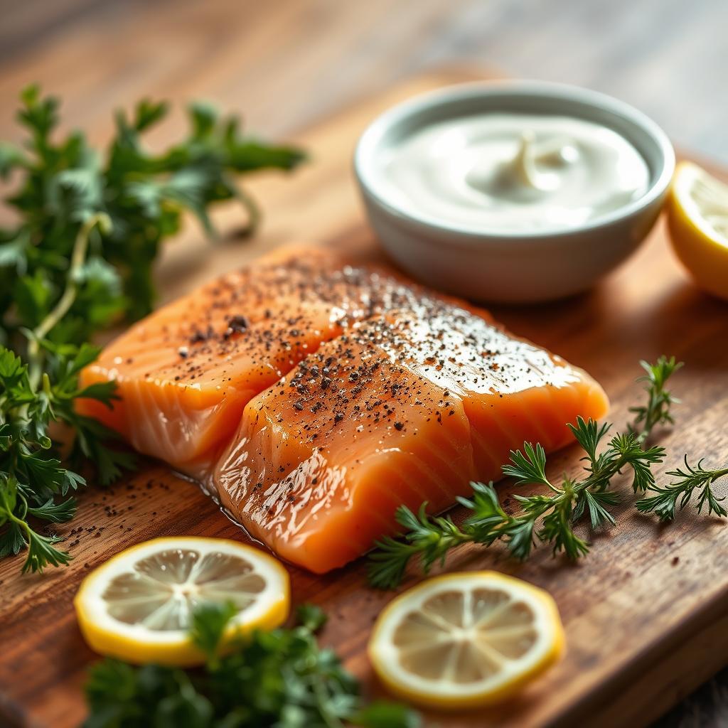A close-up view of a wooden cutting board, showcasing the preparation of salmon seasoning and sauce. In the foreground, a variety of fresh herbs, such as dill, parsley, and thyme, are neatly arranged. In the middle ground, a salmon filet is glistening, seasoned with a blend of sea salt, black pepper, and a squeeze of fresh lemon. Behind it, a small bowl of creamy dill sauce, made with tangy yogurt, fresh dill, and a hint of garlic, is ready to be drizzled over the fish. The scene is illuminated by warm, natural lighting, casting a soft, inviting glow over the ingredients. The overall mood is one of culinary expertise, highlighting the simplicity and elegance of the salmon seasoning and sauce preparation.