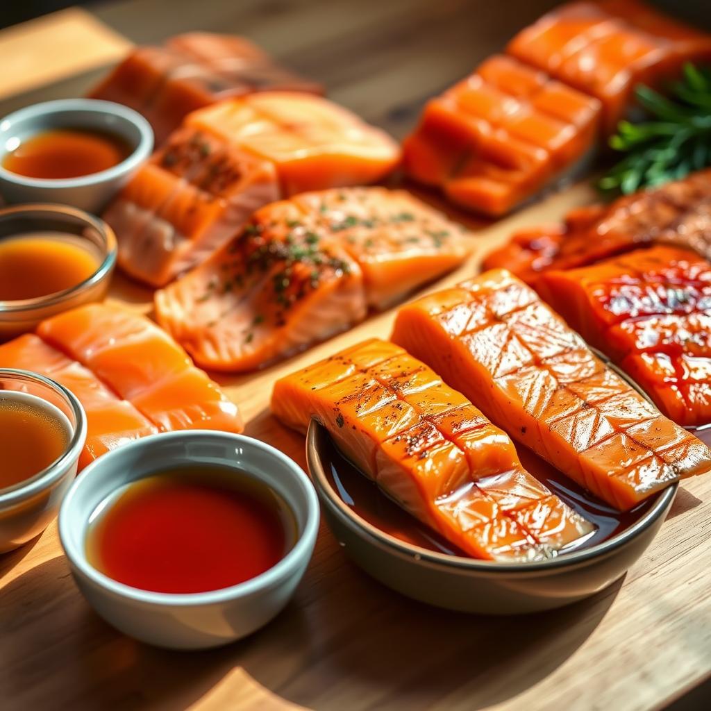 A close-up view of various salmon marination techniques, showcased on a clean, wooden surface. In the foreground, different marinades, such as honey-soy, lemon-dill, and teriyaki, are displayed in small bowls. The middle ground features carefully prepared salmon fillets, some with scored patterns and others sliced diagonally, soaking in the vibrant marinades. The background is softly blurred, highlighting the textures and colors of the salmon and the marinades. Warm, natural lighting casts subtle shadows, emphasizing the depth and dimension of the scene. The overall atmosphere is one of culinary expertise and the artful preparation of marinated salmon.