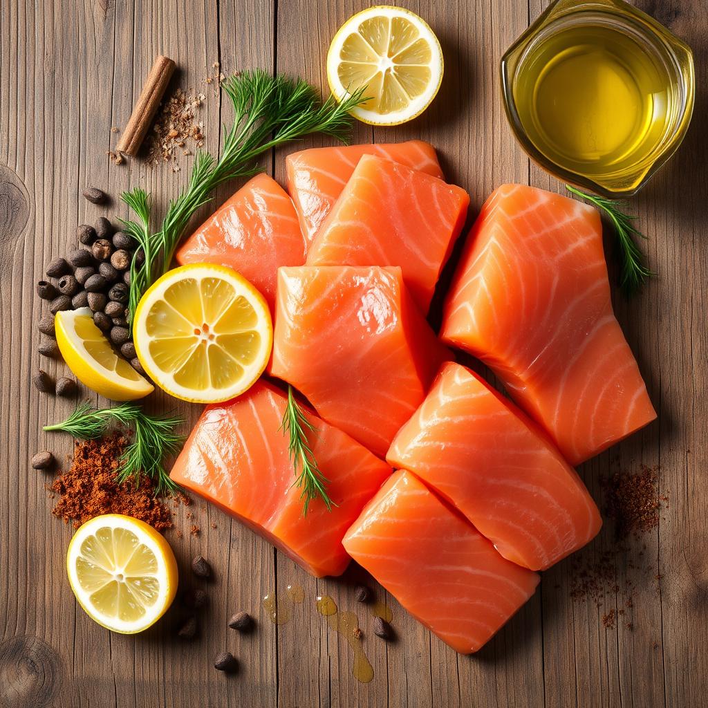 A neatly arranged still life showcasing an assortment of vibrant, fresh salmon fillets alongside an array of aromatic seasonings and marinades. The fillets are beautifully displayed on a rustic wooden surface, highlighting their rich, pink hues and firm texture. Surrounding the salmon are various spices, herbs, and condiments such as lemon wedges, sprigs of dill, peppercorns, and a delicate drizzle of olive oil. The lighting is soft and natural, creating a warm, inviting atmosphere that emphasizes the delectable ingredients. The composition is balanced and visually appealing, reflecting the thoughtful preparation and flavors that elevate the simple, yet delicious salmon.