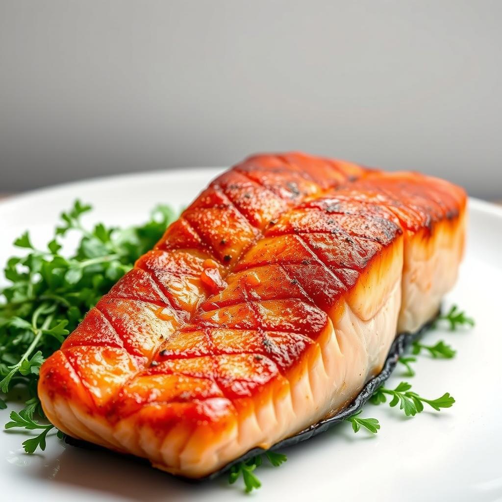 A perfectly seared salmon fillet with a crisp, golden-brown skin, resting atop a bed of delicate greens. The fish is presented in a high-contrast, close-up shot, emphasizing the delicate texture and sheen of the skin. Soft, even lighting illuminates the scene, casting gentle shadows that accentuate the salmon's three-dimensional form. The background is blurred, allowing the salmon to be the sole focus of the image, set against a clean, minimalist backdrop that evokes a sense of elegance and simplicity. The overall composition and lighting create a visually striking and appetizing representation of the "Pan-Seared Salmon with Crispy Skin" dish.