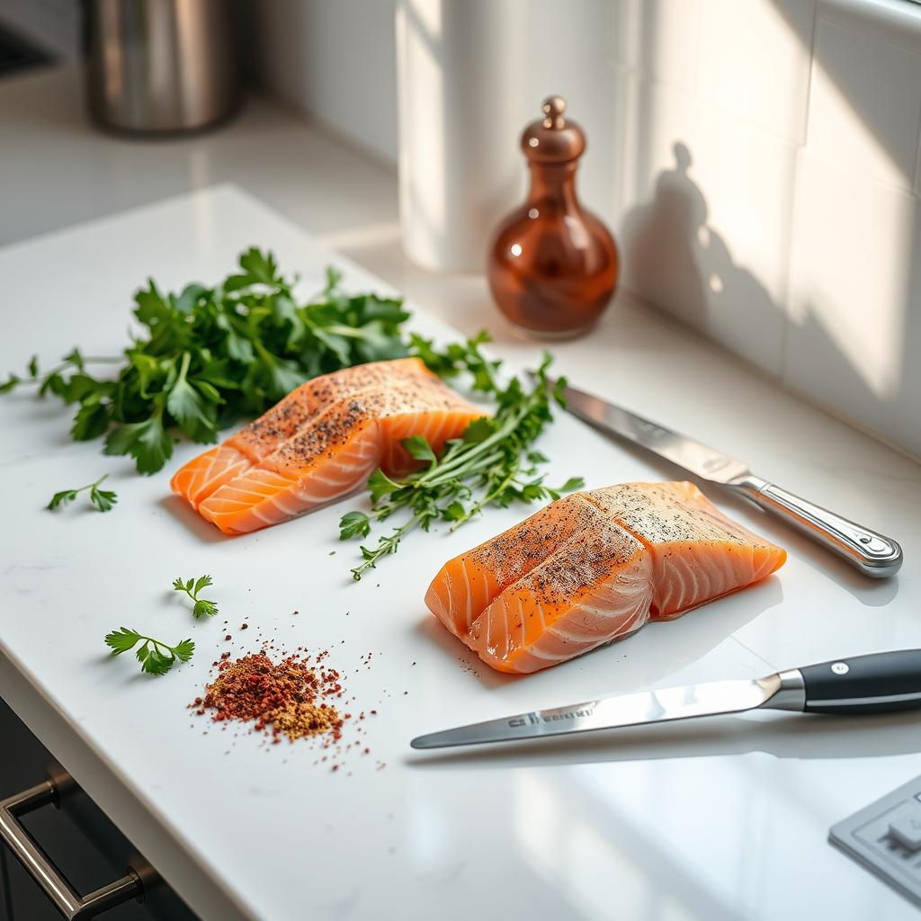 A pristine kitchen counter, bathed in soft, natural lighting. On the surface, expertly prepared salmon fillets await their transformation. Vibrant green herbs, fragrant spices, and gleaming stainless-steel tools surround the seafood, hinting at the delicate preparation techniques to come. The scene exudes a sense of culinary precision and anticipation, inviting the viewer to imagine the mouthwatering, pan-seared salmon dish that will soon emerge from this carefully curated setup.
