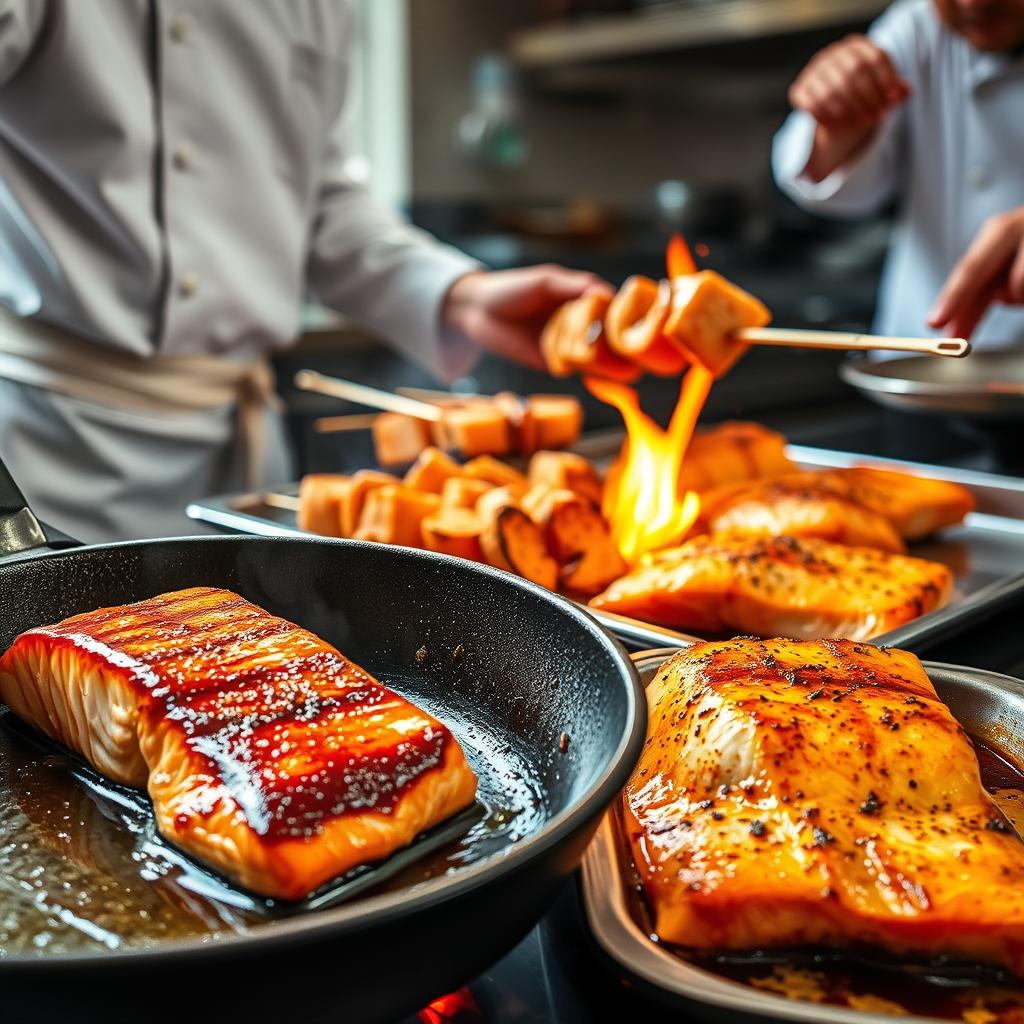 A well-lit, high-resolution image of a cooking scene showcasing various methods for preparing marinated salmon. In the foreground, a chef sears a fillet of salmon in a cast-iron skillet, the fish glistening with a caramelized glaze. In the middle ground, another chef grills skewers of salmon chunks over an open flame, creating delectable charred edges. The background features a baked salmon fillet, its flaky texture and vibrant color on full display. Warm, natural lighting illuminates the scene, creating a cozy, inviting atmosphere. The image captures the diverse techniques and textures of expertly cooked marinated salmon.