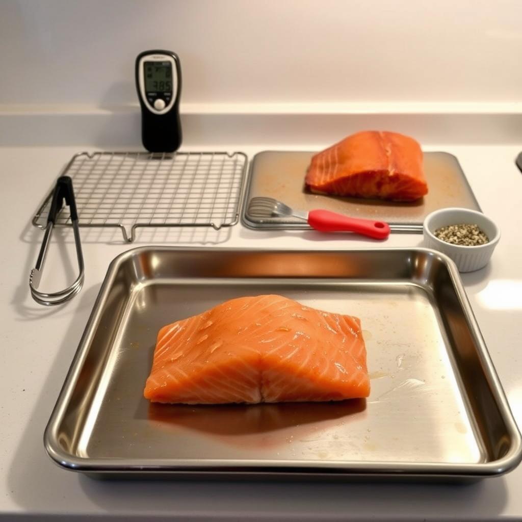 A well-lit kitchen countertop showcases an array of baking equipment for preparing succulent salmon. In the foreground, a large stainless-steel baking sheet sits ready, its surface gleaming. Alongside it, a metal rack, tongs, and a silicone basting brush await their culinary duties. In the middle ground, a digital meat thermometer and a small ramekin of seasoning complete the setup, hinting at the precise care required for perfectly cooked salmon. The background features soft, even lighting, creating a warm, inviting atmosphere for this essential salmon baking station. A well-lit kitchen countertop showcases an array of baking equipment for preparing succulent salmon. In the foreground, a large stainless-steel baking sheet sits ready, its surface gleaming. Alongside it, a metal rack, tongs, and a silicone basting brush await their culinary duties. In the middle ground, a digital meat thermometer and a small ramekin of seasoning complete the setup, hinting at the precise care required for perfectly cooked salmon. The background features soft, even lighting, creating a warm, inviting atmosphere for this essential salmon baking station.