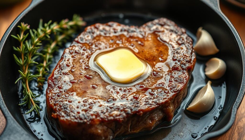 Butter basting steak with herbs