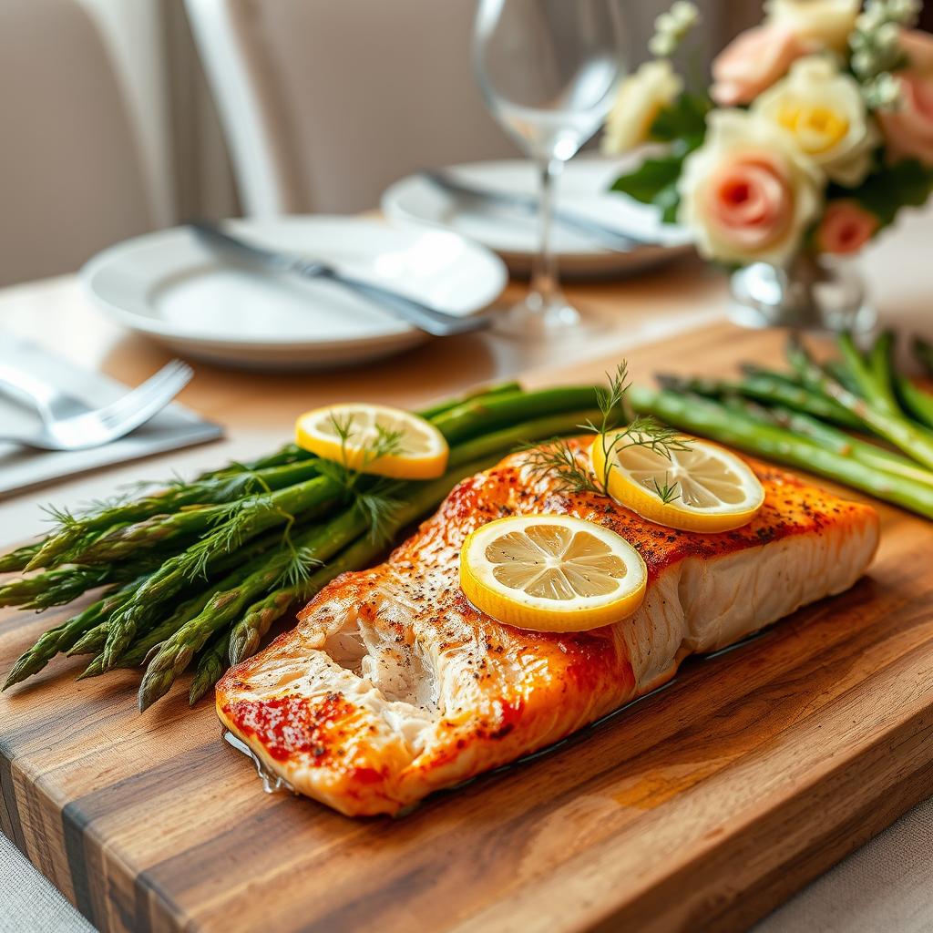Delicious baked salmon on a wooden cutting board, garnished with fresh dill, lemon slices, and a side of roasted asparagus. The salmon has a golden-brown crust and flaky interior, glistening under soft, warm lighting. In the background, an elegant table setting with white china, polished silverware, and a simple floral centerpiece, creating a sophisticated, inviting atmosphere. The image captures the timeless appeal of classic baked salmon recipes as well as contemporary culinary presentation. Delicious baked salmon on a wooden cutting board, garnished with fresh dill, lemon slices, and a side of roasted asparagus. The salmon has a golden-brown crust and flaky interior, glistening under soft, warm lighting. In the background, an elegant table setting with white china, polished silverware, and a simple floral centerpiece, creating a sophisticated, inviting atmosphere. The image captures the timeless appeal of classic baked salmon recipes as well as contemporary culinary presentation.